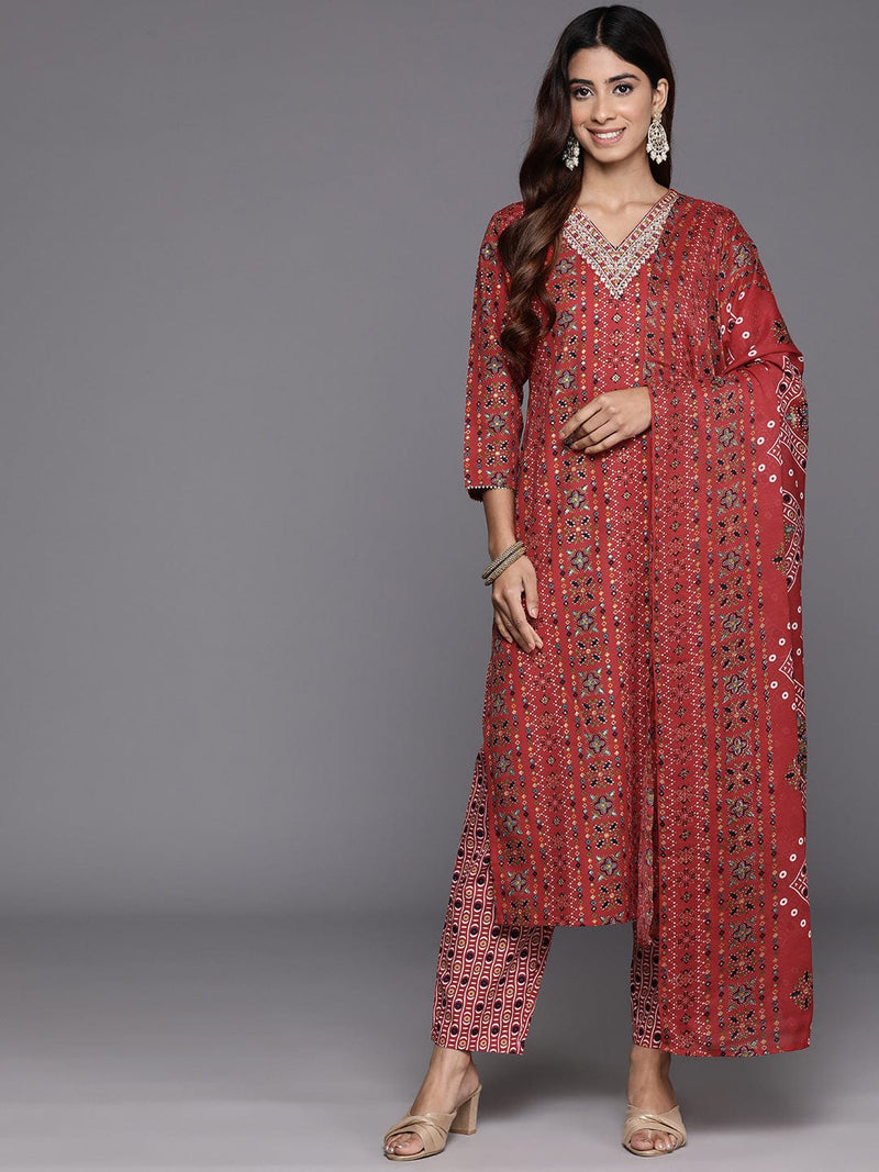 Varanga Women Red Printed V-Neck Embroidered Kurta With Bottom And Dupatta