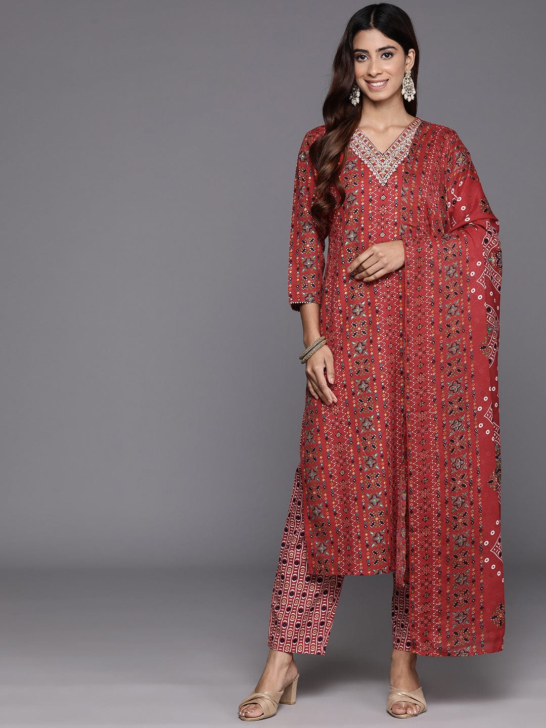 Varanga Women Red Printed V-Neck Embroidered Kurta With Bottom And Dupatta