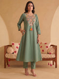 Women's Olive Green Mirror Embroidered Kurta Set with Cotton Dupatta