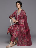 Varanga Women Maroon Floral Printed Embroidered Kurta Paired With Bottom And Dupatta