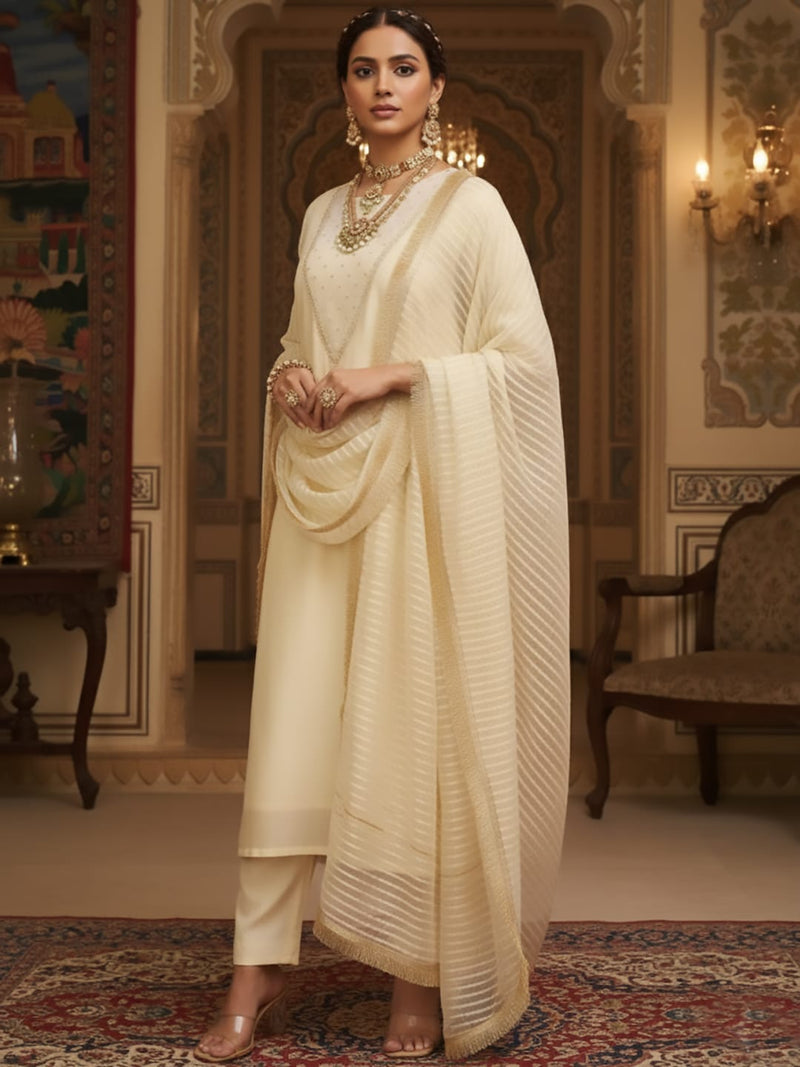 Varanga Women Zari Embroidered And Sequence Embellished With Organza Detailed Kurta With Bottom And Dupatta