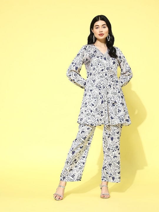 Varanga Women White Floral Printed Top Paired With Tonal Printed Bottom