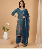 Varanga Women 3-Piece Blue Ikat-Printed Kurta Set With Solid Trousers And A Lace-Trimmed Dupatta