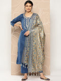 Varanga Blue Women Embroidered Thread Work Round Neck Kurta With Trousers & Dupatta