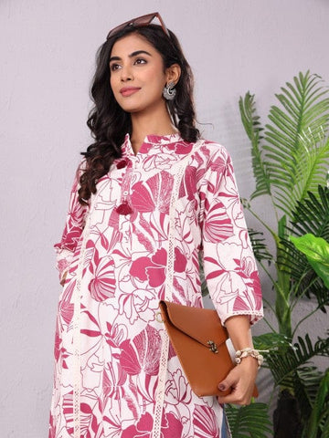 Varanga Floral Printed Mandarin Collar Panelled Cotton A-Line Kurta