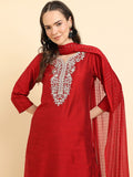 Varanga Women Red Round Neck Yoke Embroidered, Three Quarter Sleeves Straight Kurta Paired With Tonal Bottom And Dotted Dupatta