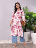 Varanga Floral Printed Mandarin Collar Panelled Cotton A-Line Kurta