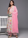 Varanga Women Off White Floral Printed A-Line Kurta With Pink Printed Bottom