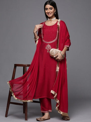 Varanga Plus Size Ethnic Motifs Red Embroidered Round Neck Kurta With Trousers & Dupatta