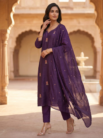 Purple Embroidered Ethnic Suit Set