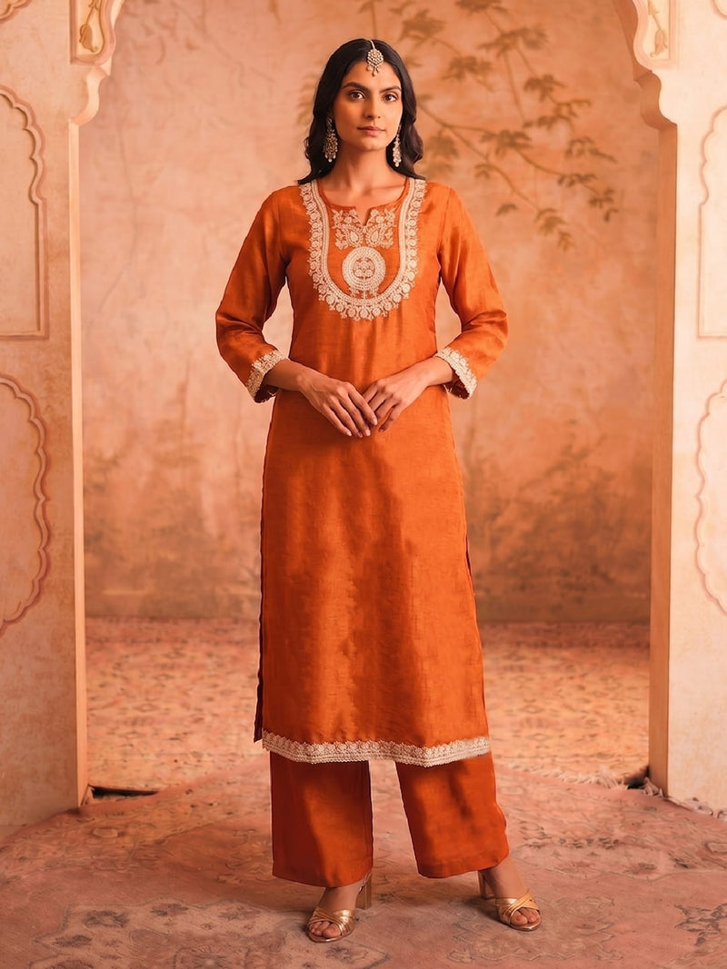 Women Rust Embroidered Kurta Set With Striped Dupatta
