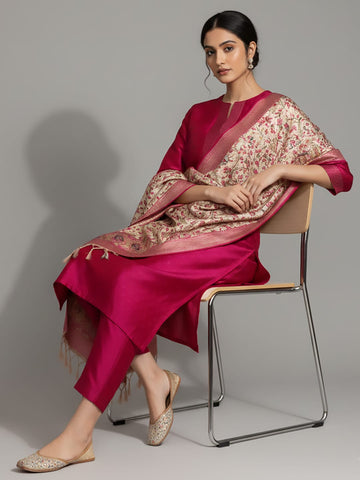 Varanga Women Pink Woven Zari Embroidered Straight Kurta With Bottom And Dupatta