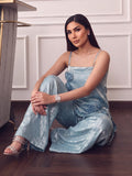 Icy Blue Square-Neck Top With Statement 3D Rose Paired With Wide-Leg Trousers