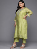 Varanga Women Green Floral Embroidered Regular Chanderi Silk Kurta with Trousers & With Dupatta