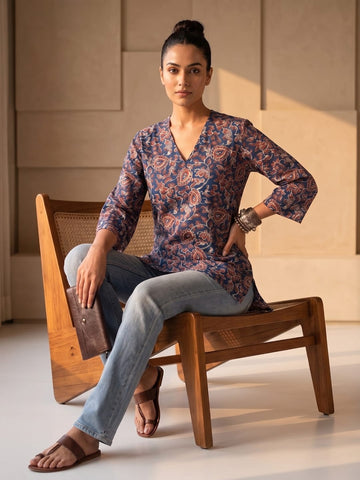 Women's Indigo & Rust Floral Block Print Kurta