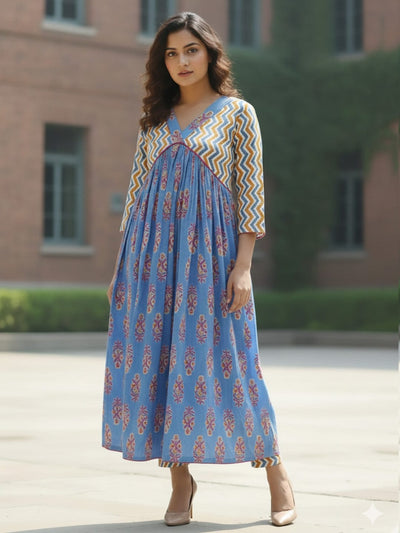 Classic ikat print Aliya-cut kurta in blue and white, teamed with regular-fit ankle-length trousers.