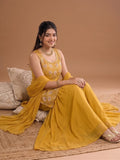 Round Neck Embroidered Kurta Set Featuring Zari And Sequin Work With Flared Palazzo And Embellished Dupatta