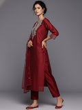 Varanga Women Red Embroidered Kurta With Tonal Trouser And Printed Dupattta