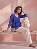 Women's Blue Bandhani Print Peplum Top With V-Neck And Gota Work Detailing
