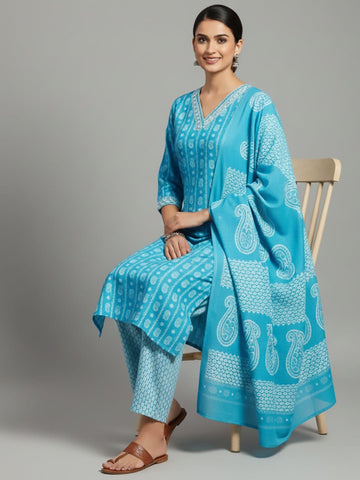 Varanga Women Floral Printed V Neck Kurta with Trouser & Dupatta