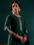 Varanga Women Green Yoke Embroidered Straight Kurta Paired With Tonal Bottom And Net Dupatta With Four Side Embroidered Taping