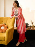 Cotton Striped Printed A-Line Kurta With Solid Trouser