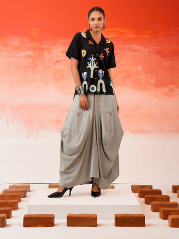 Abstract Handprinted Geometric Icon Print Short-Sleeve Button-Up Shirt