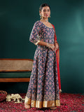 Varanga Women Navy Blue Patola Printed Anarkali Kurta Paired With Contrast Dupatta.