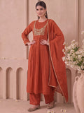Rust Zari Embroidered Kurta Set With Trouser And Dupatta