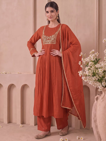 Rust Zari Embroidered Kurta Set With Trouser And Dupatta