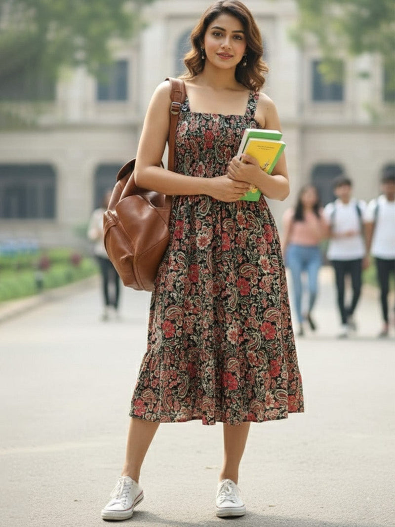 Black Floral Printed Sleeveless A-Line Dress with Halter Neck and Smocked Bodice