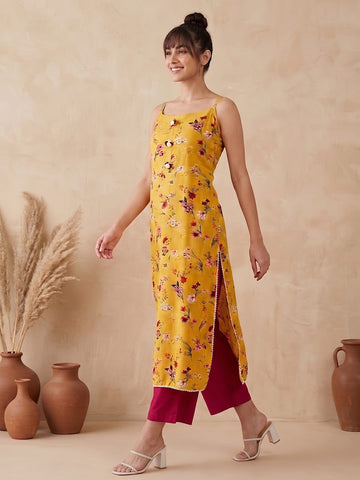 Varanga Mustard And Pink Printed Strap Kurta