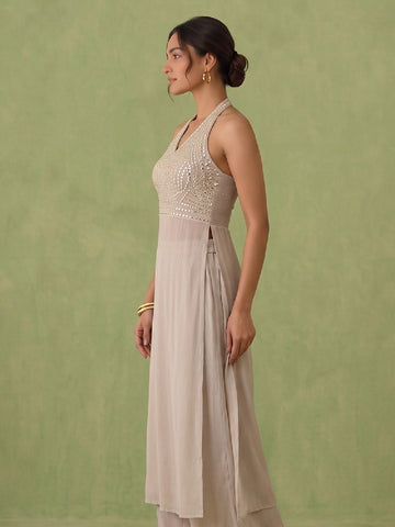 Embellished Mirror-Work Halter Kurta With Palazzo Set