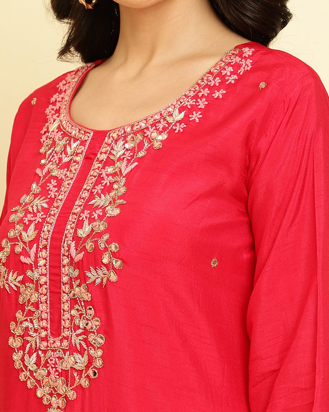Varanga Women coral embroidered straight kurta paired with tonal bottom and dupatta