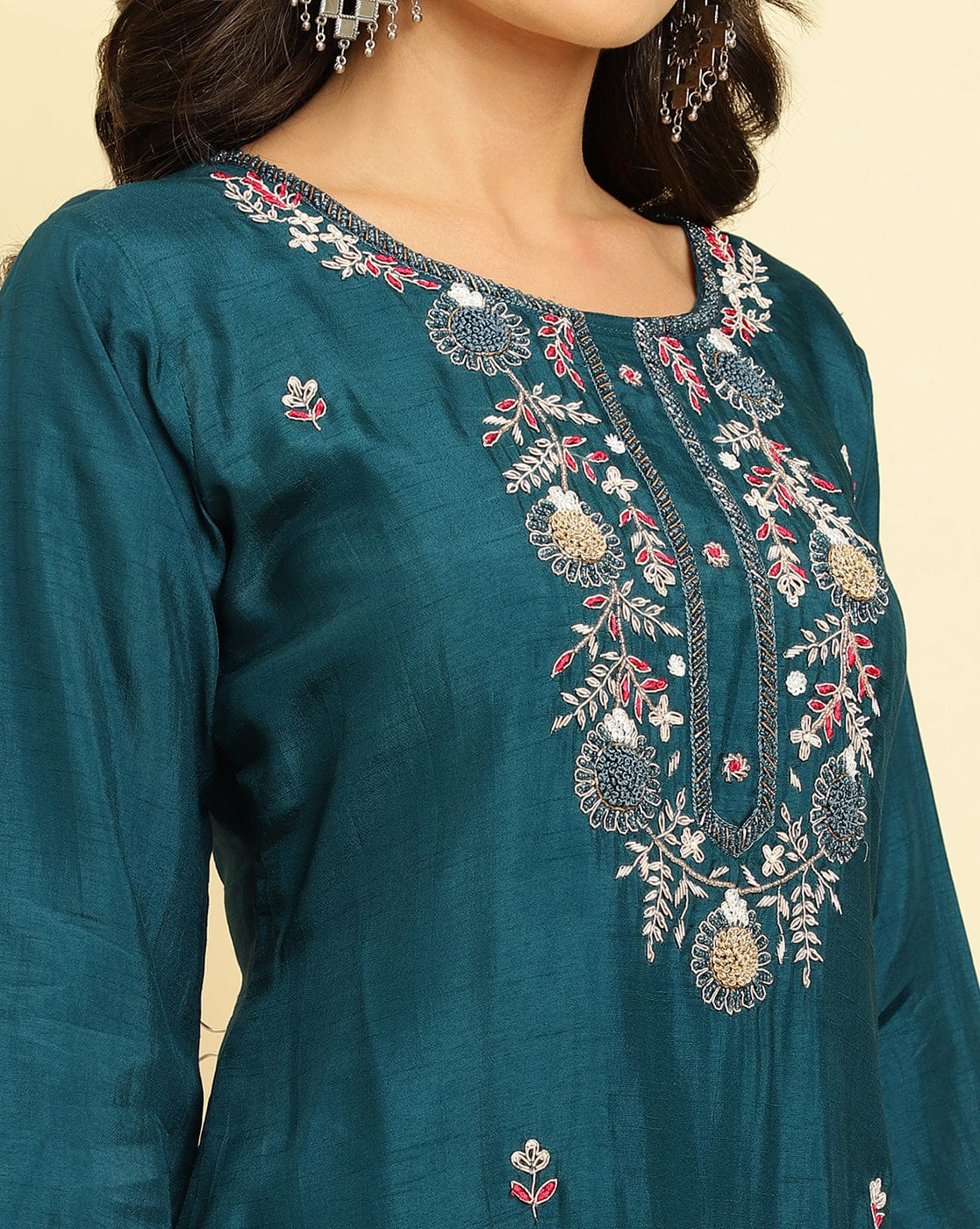 Varanga Women blue embroidered straight kurta paired with tonal bottom and dupatta