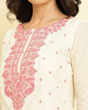 Varanga Women cream & pink embroidered kurta attached with skirt