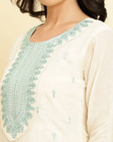 varanga women cream blue embroidered kurta attached with skirt