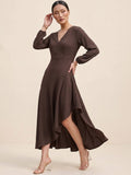 Brown Wrap Dress With A Flattering High-Low Silhouette .