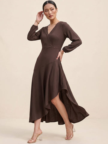 Brown Wrap Dress With A Flattering High-Low Silhouette .