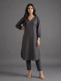 Women Straight Kurta With Embroidery On Neck Paired With Solid Trousers
