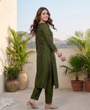 Varanga Women Olive Green Round Neck Kurta With Tonal Bottom & Printed Dupatta