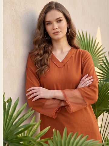 Varanga Women Rust Straight Kurta Paired With Tonal Trouser