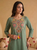 Women's Olive Green Mirror Embroidered Kurta Set with Cotton Dupatta