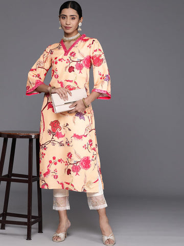 varanga women mustard yellow and pink floral printed flared sleeves sequinned kurta