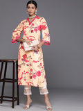 varanga women mustard yellow and pink floral printed flared sleeves sequinned kurta