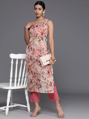 Varanga Biege Floral Printed High Slit Kurta with Trousers