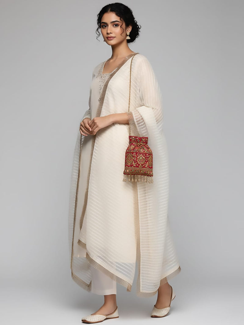 Varanga Women Off White Zari Embroidered And Sequinned Kurta Set With Dupatta