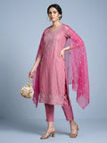 Zari embroidered kurta with trousers & sequins detailed contrast dupatta