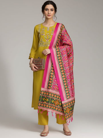 Varanga Women Yellow Yoke Design Kurta with Trousers and Dupatta Set