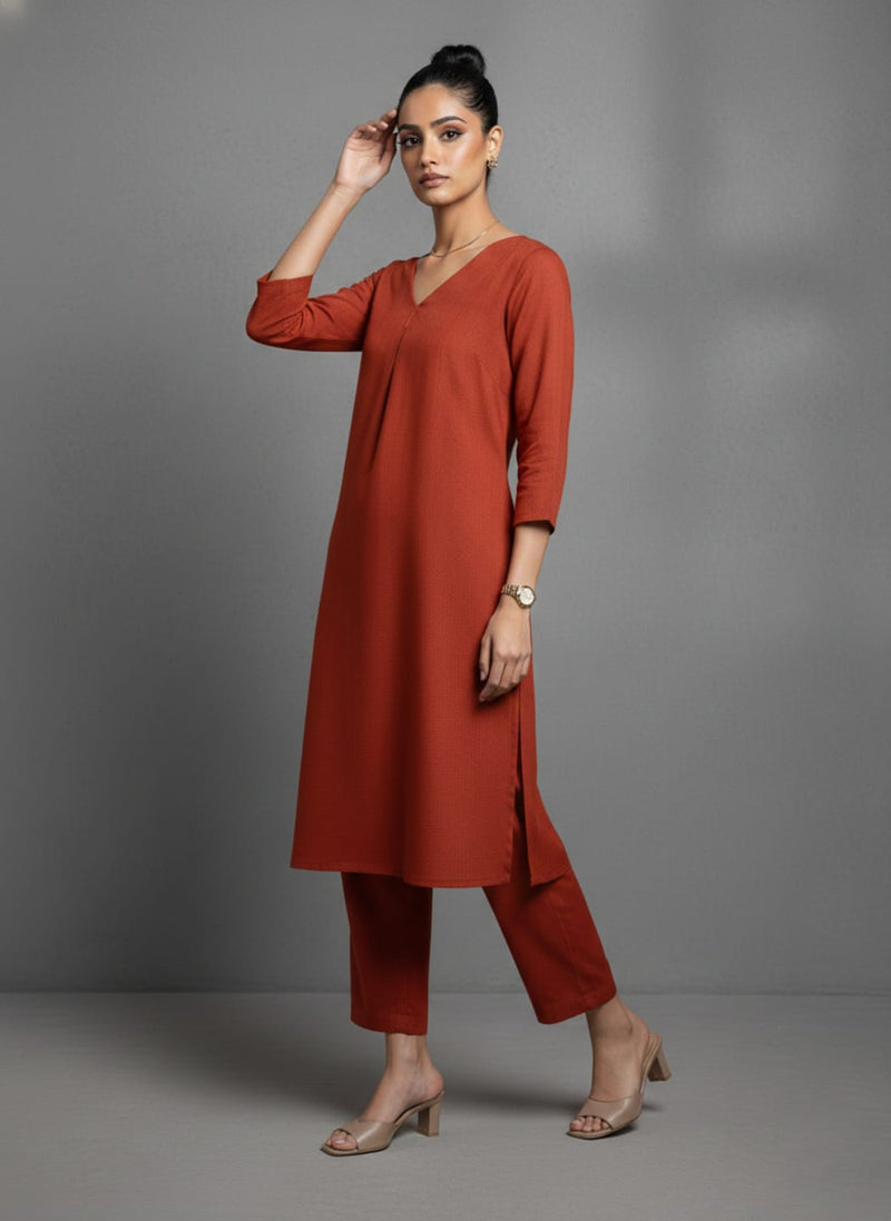 Varanga Women Orange Solid A-Line Kurta Paired With Tonal Bottom